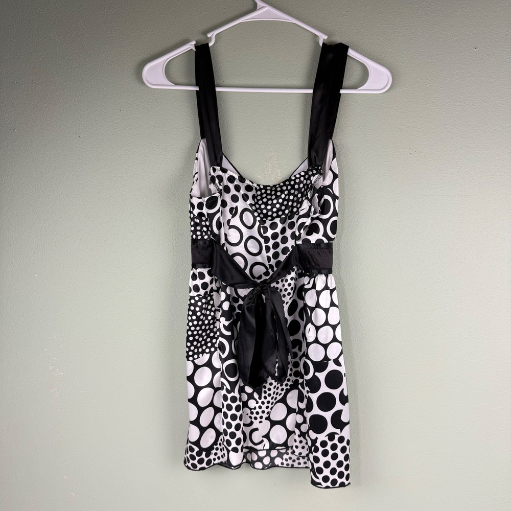 iZ‎ Byer Y2K California Polka Dot Empire Waist Satin Tie Top Black White Large - Picture 4 of 11
